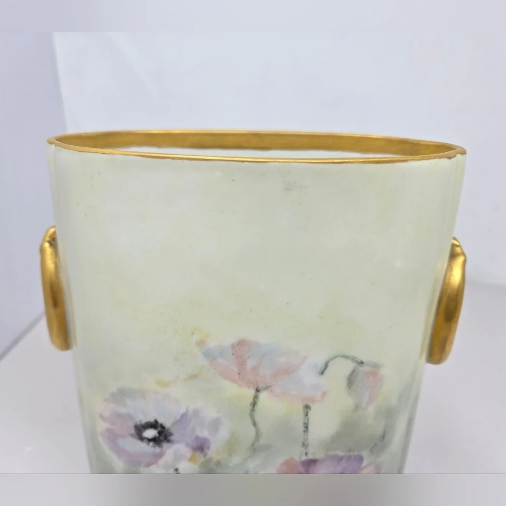 Antique Beauty Limoges Hand-painted Poppy Flower With Gold Accent Cachepot Vase